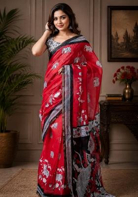 Red Printed Cotton Saree Set