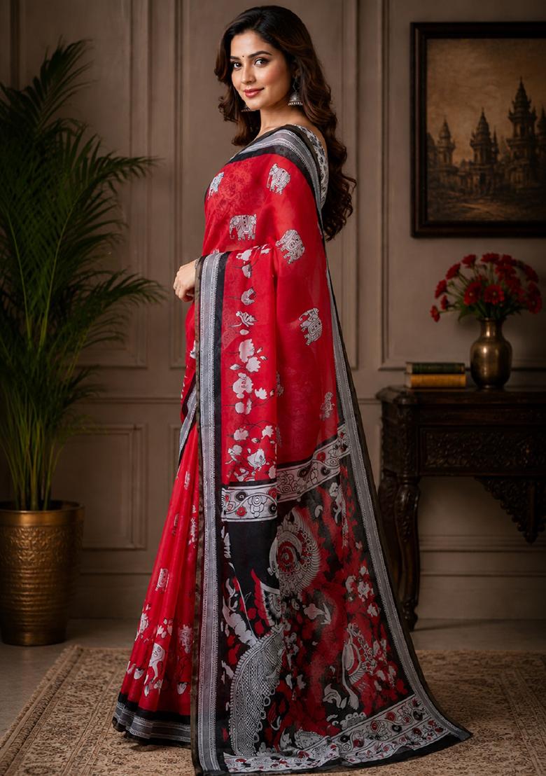 Red Printed Cotton Saree Set - Indya