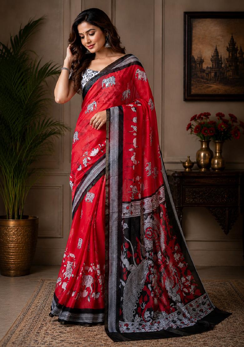 Red Printed Cotton Saree Set - Indya