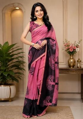 Pink Printed Cotton Saree Set