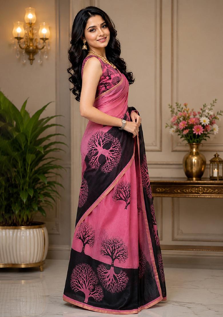 Pink Printed Cotton Saree Set - Indya