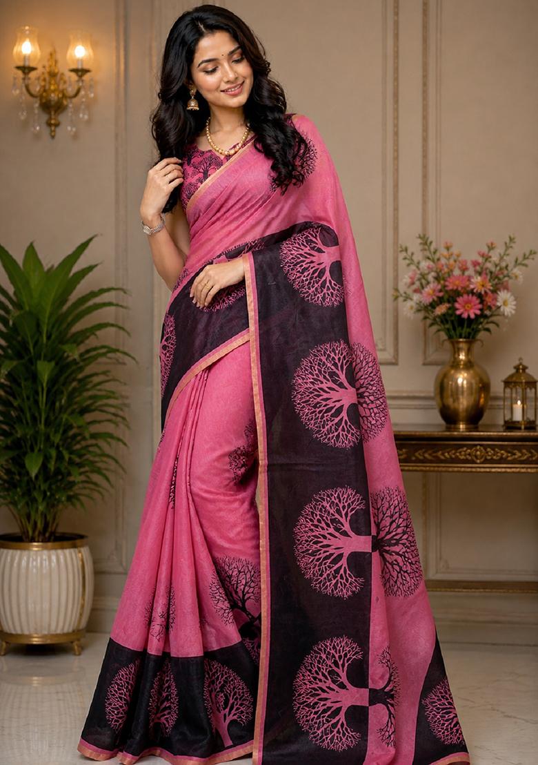 Pink Printed Cotton Saree Set - Indya