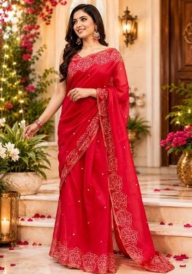Red Printed Cotton Saree Set