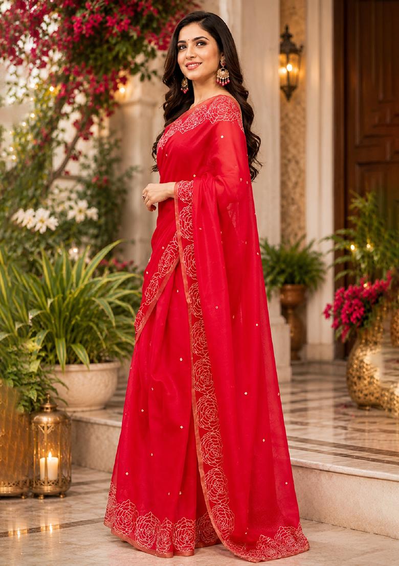 Red Printed Cotton Saree Set - Indya