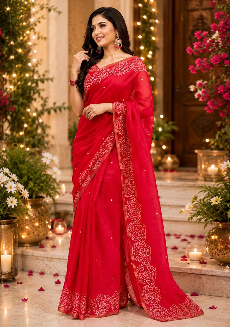 Red Printed Cotton Saree Set - Indya