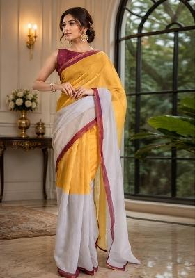 Yellow Printed Cotton Saree Set
