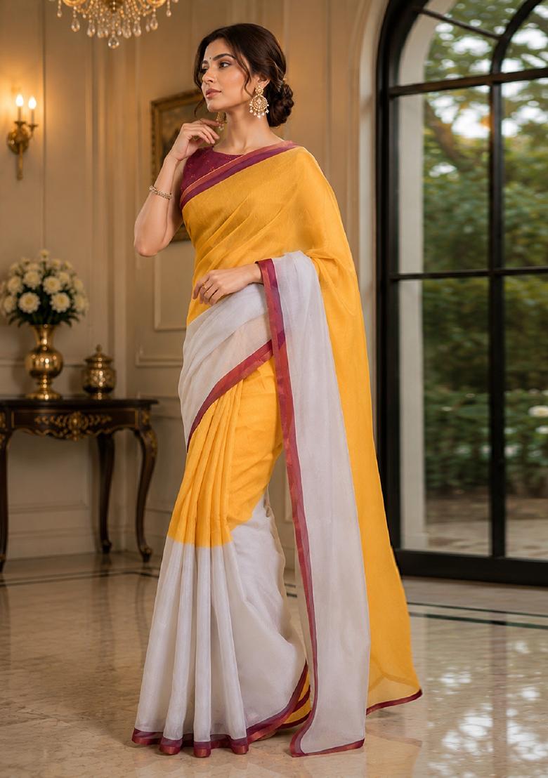 Yellow Printed Cotton Saree Set - Indya