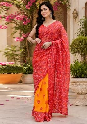 Red Printed Cotton Saree Set