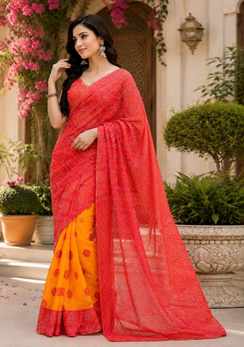 Red Printed Cotton Saree Set - Indya