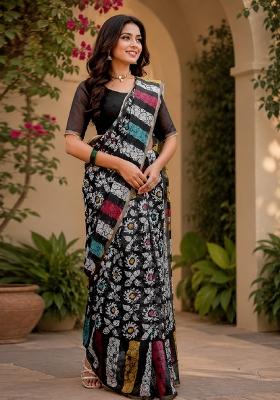 Black Printed Cotton Saree Set