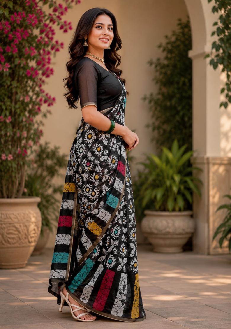Black Printed Cotton Saree Set - Indya