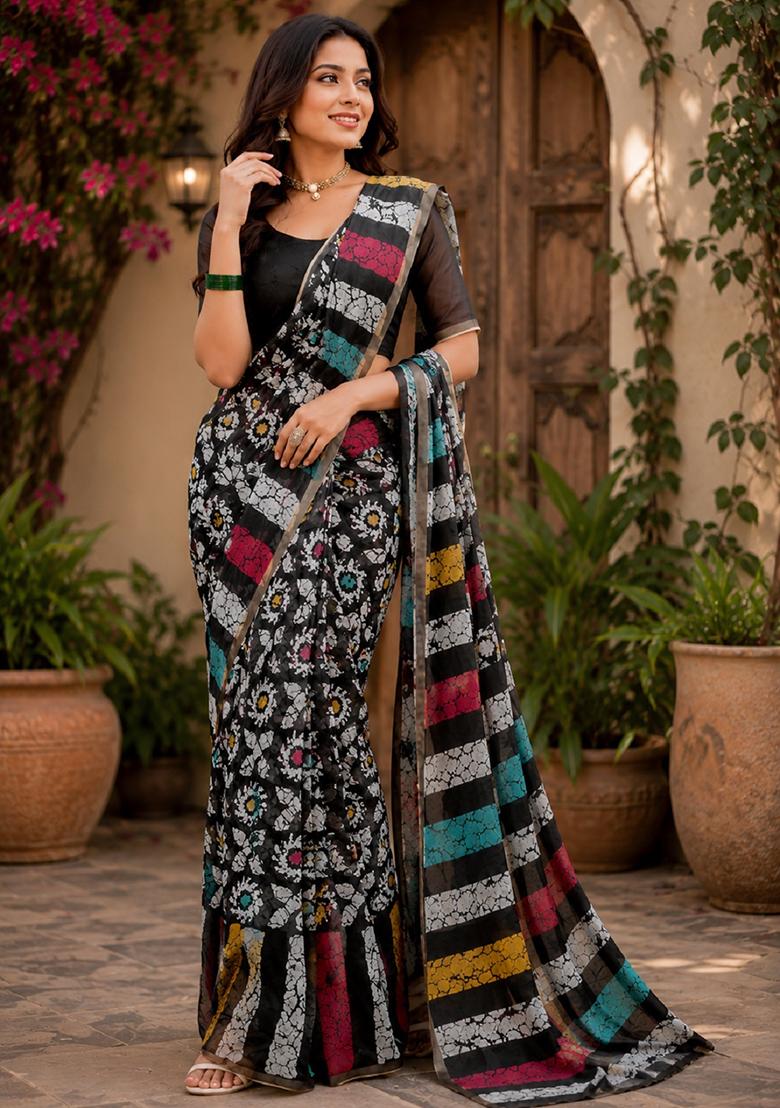 Black Printed Cotton Saree Set - Indya