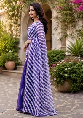 Purple Printed Cotton Saree Set