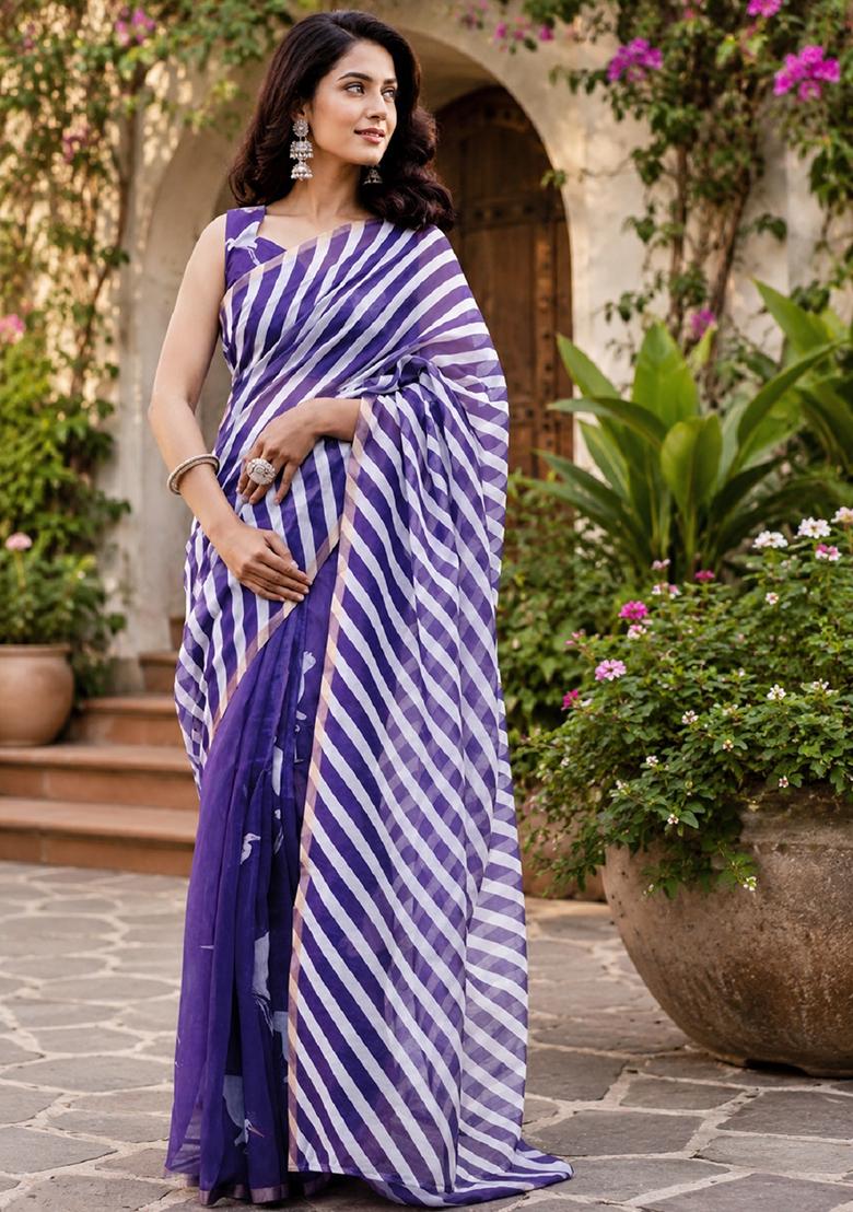 Purple Printed Cotton Saree Set - Indya