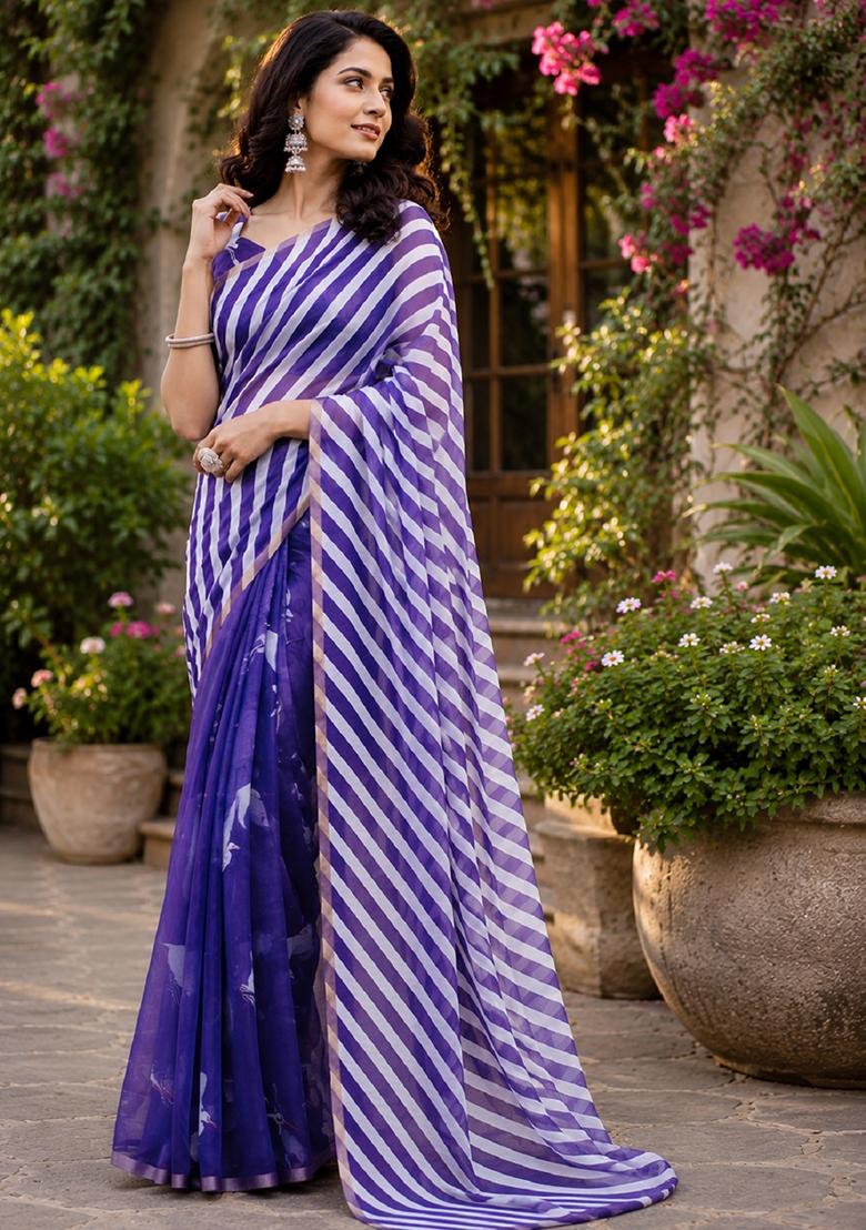 Purple Printed Cotton Saree Set - Indya