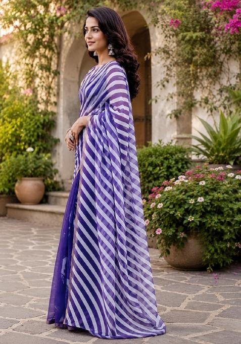 Purple Printed Cotton Saree Set