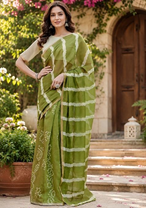 Mehendi Printed Cotton Saree Set