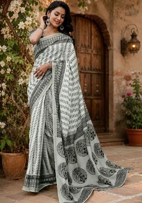 White Printed Cotton Saree Set