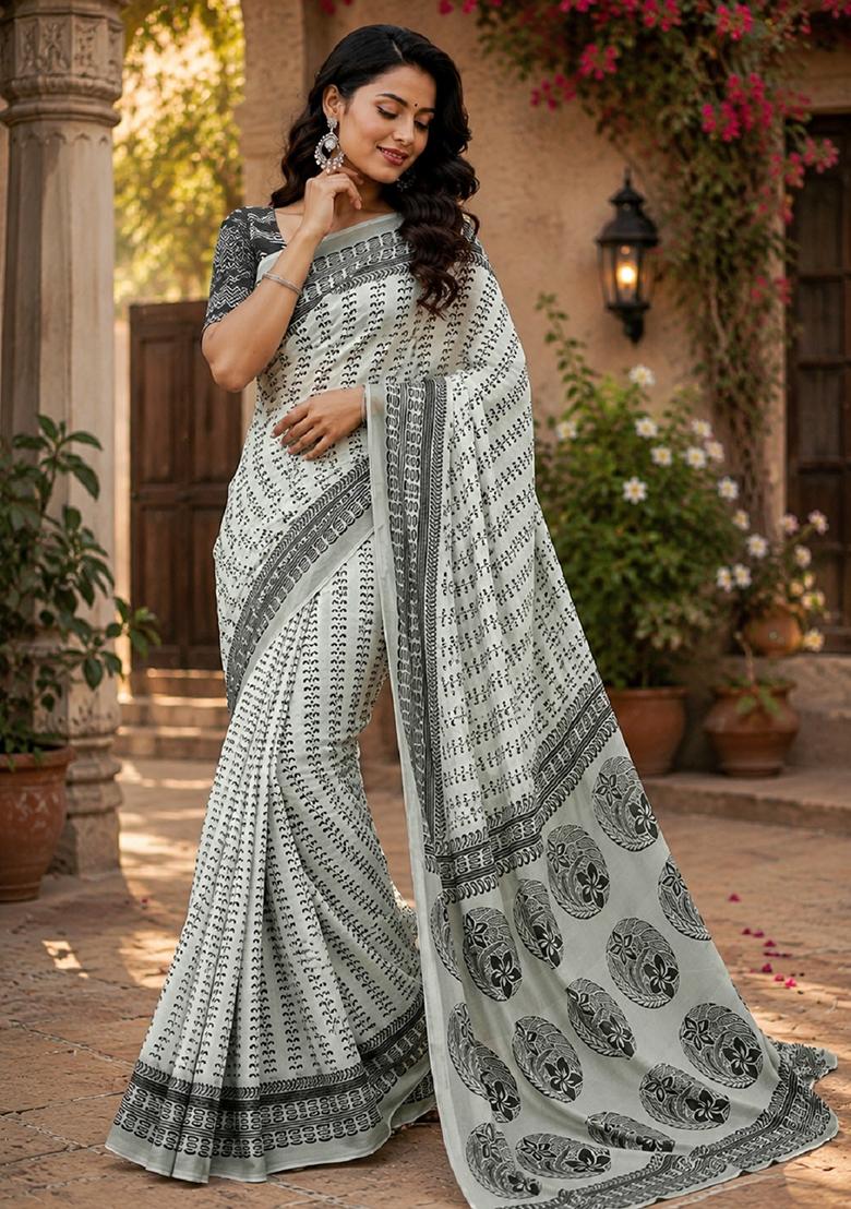 White Printed Cotton Saree Set - Indya