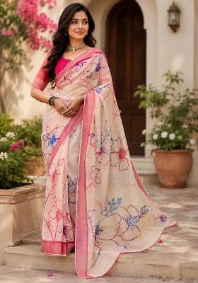 Off White Printed Cotton Saree Set