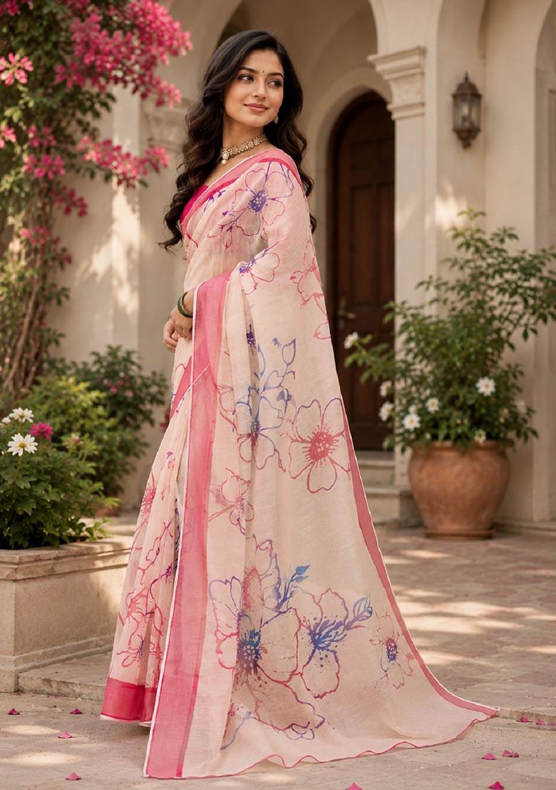 Off White Printed Cotton Saree Set - Indya