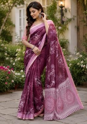 Wine Printed Cotton Saree Set