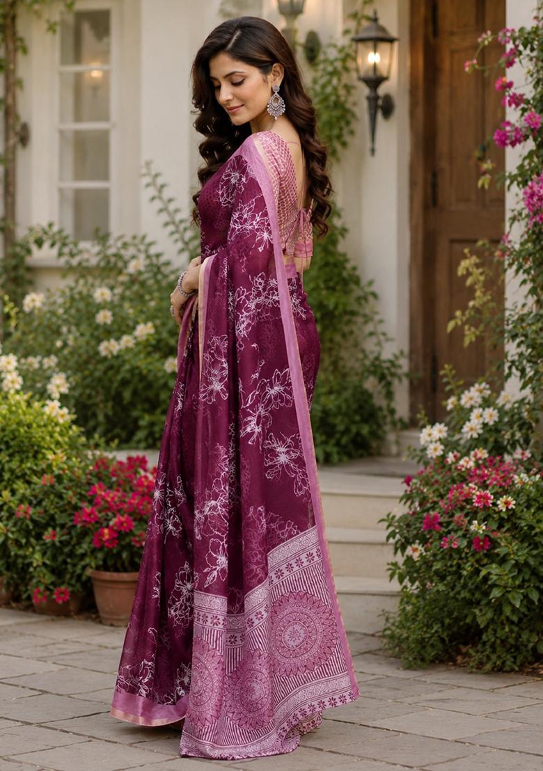 Wine Printed Cotton Saree Set - Indya