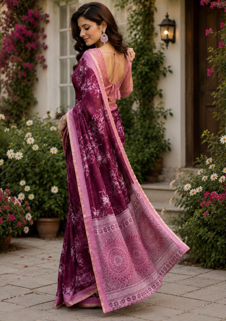 Wine Printed Cotton Saree Set - Indya