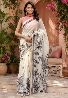 White Printed Cotton Saree Set
