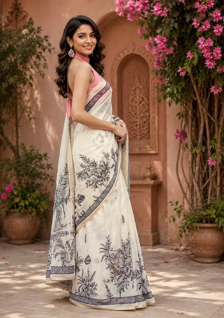 White Printed Cotton Saree Set - Indya