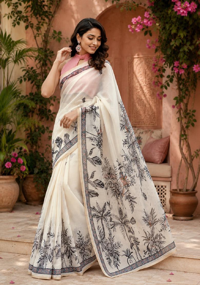 White Printed Cotton Saree Set - Indya