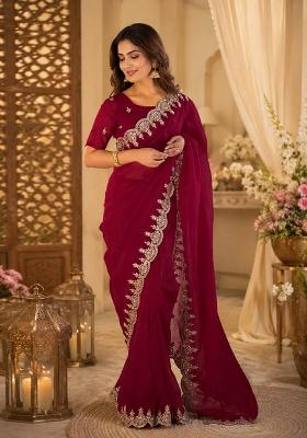Rani Pink Embroidered Chiffon Saree Set