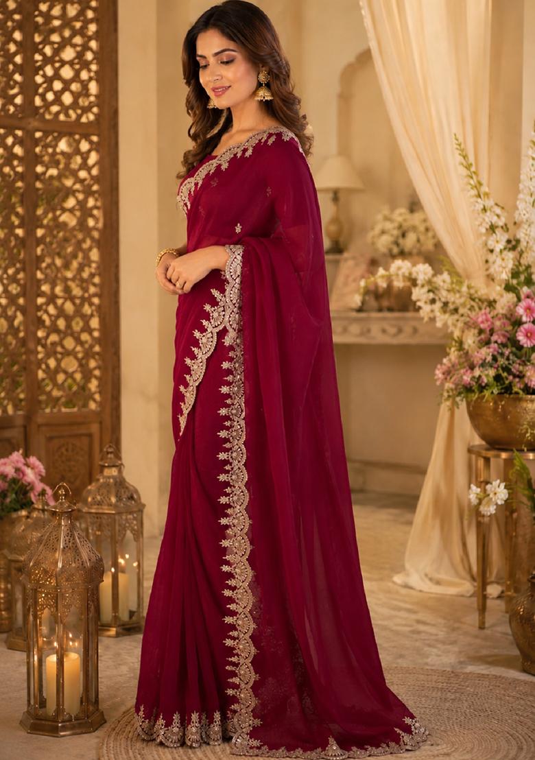 Rani Pink Embroidered Chiffon Saree Set - Indya
