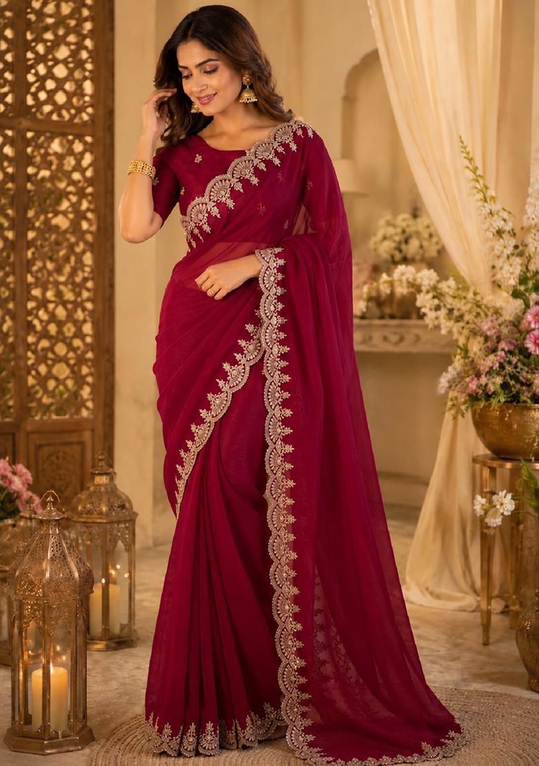 Rani Pink Embroidered Chiffon Saree Set - Indya
