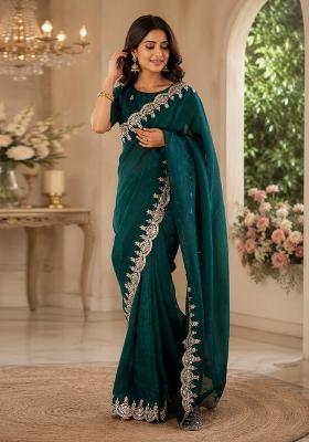 Turquoise Embroidered Chiffon Saree Set
