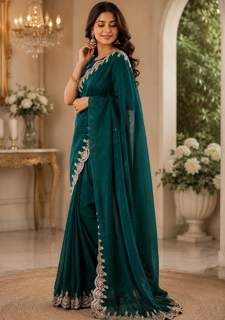 Turquoise Embroidered Chiffon Saree Set - Indya