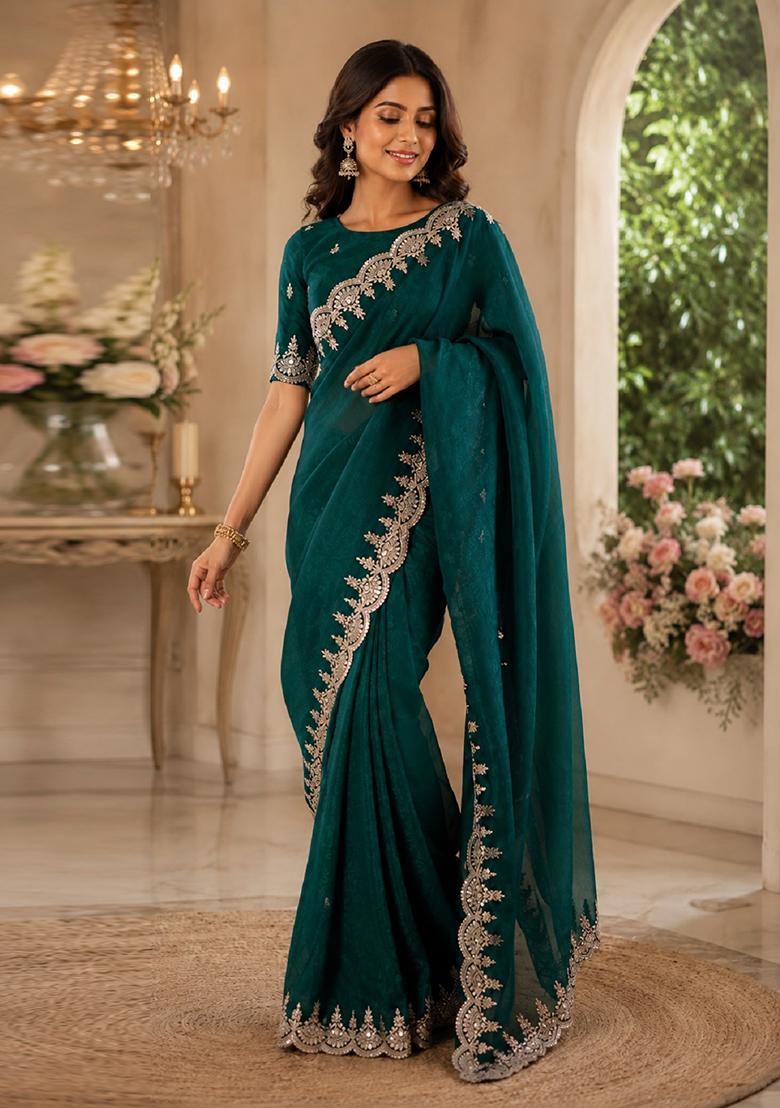 Turquoise Embroidered Chiffon Saree Set - Indya
