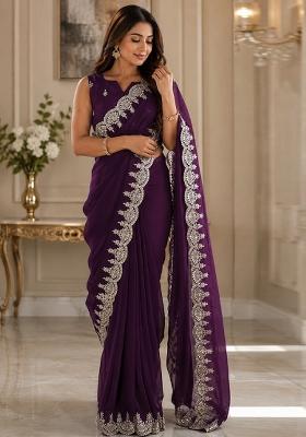 Wine Embroidered Chiffon Saree Set