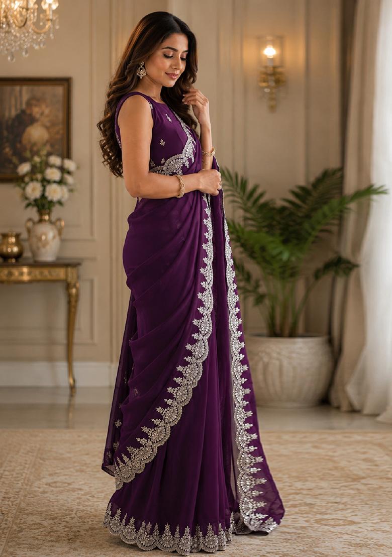 Wine Embroidered Chiffon Saree Set - Indya