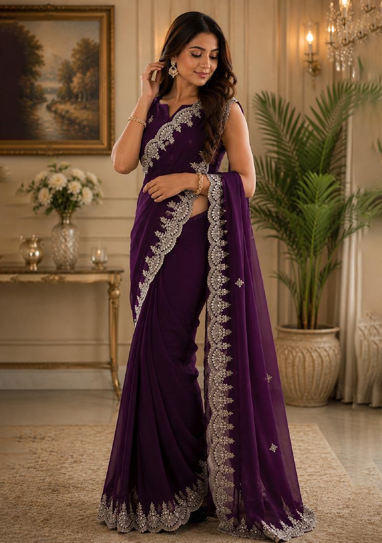 Wine Embroidered Chiffon Saree Set - Indya