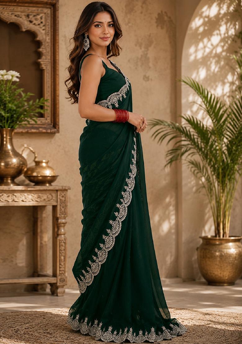 Green Embroidered Chiffon Saree Set - Indya