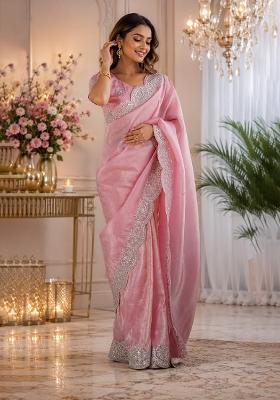 Baby Pink Embroidered Chiffon Saree Set