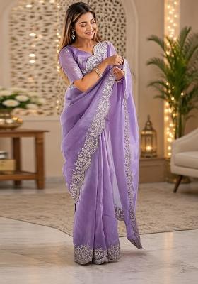 Lavender Embroidered Chiffon Saree Set