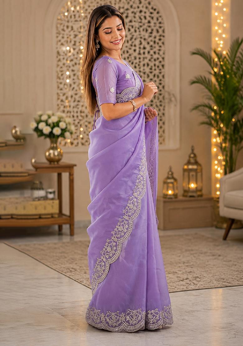 Lavender Embroidered Chiffon Saree Set - Indya