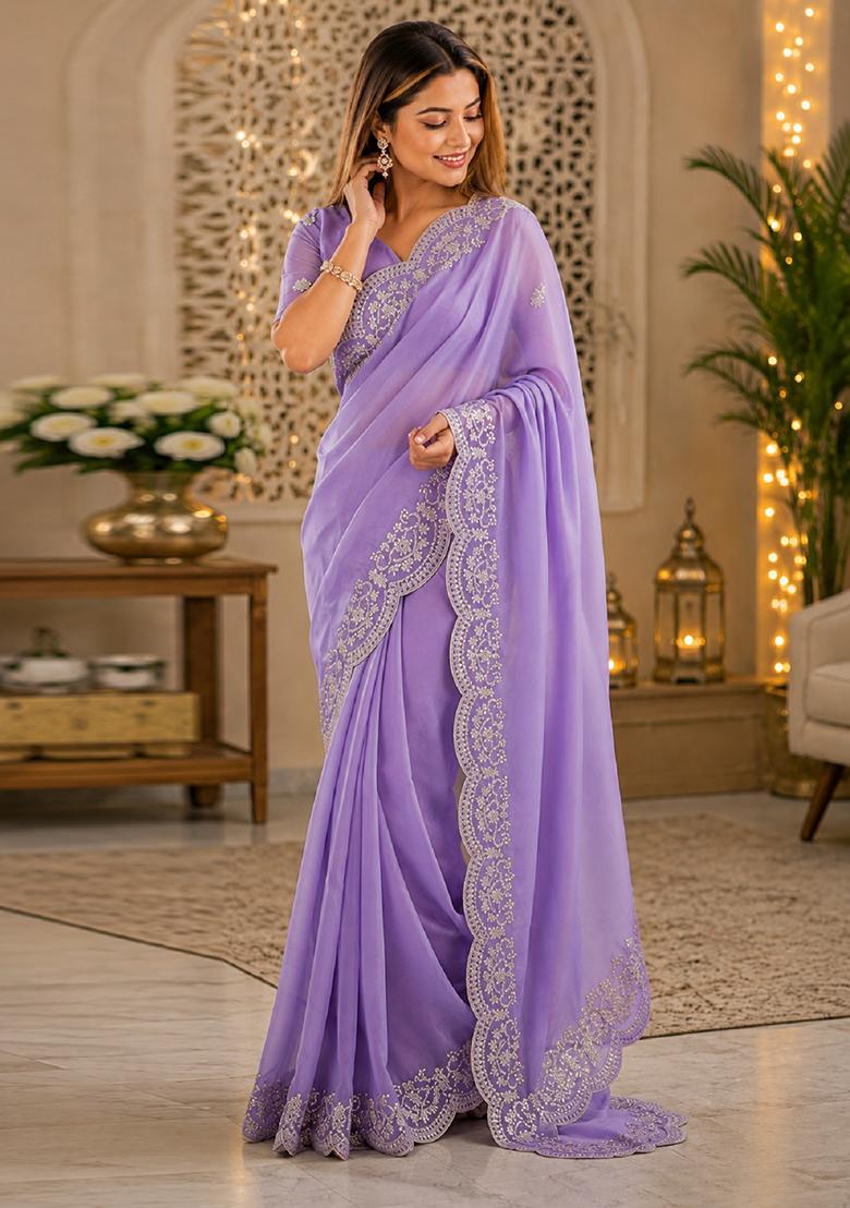 Lavender Embroidered Chiffon Saree Set - Indya