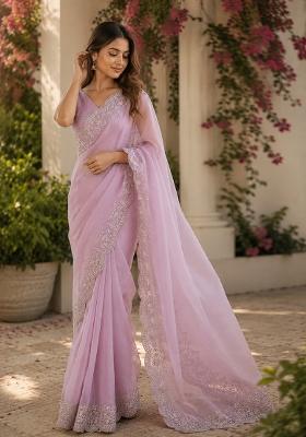 Light Lavender Embroidered Chiffon Saree Set
