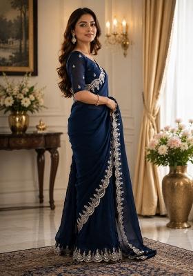 Blue Embroidered Chiffon Saree Set