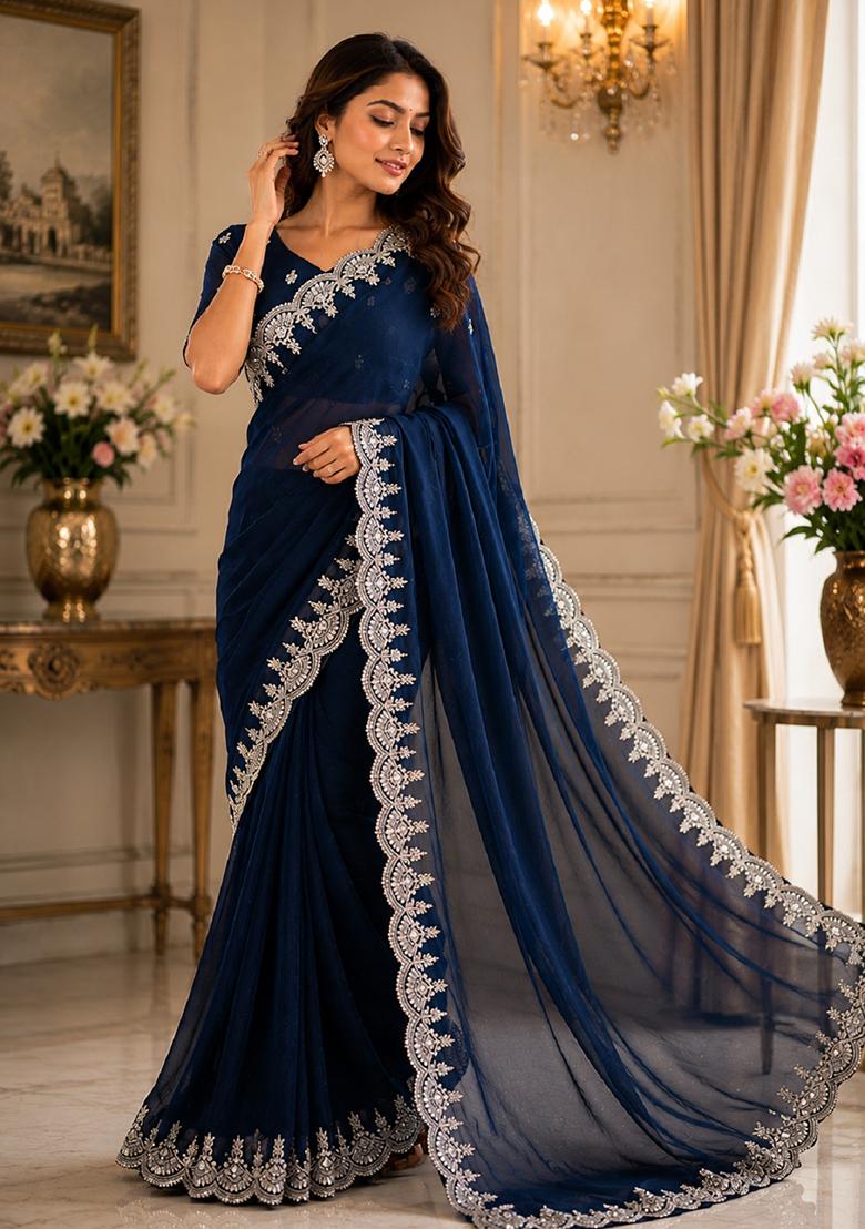 Blue Embroidered Chiffon Saree Set - Indya
