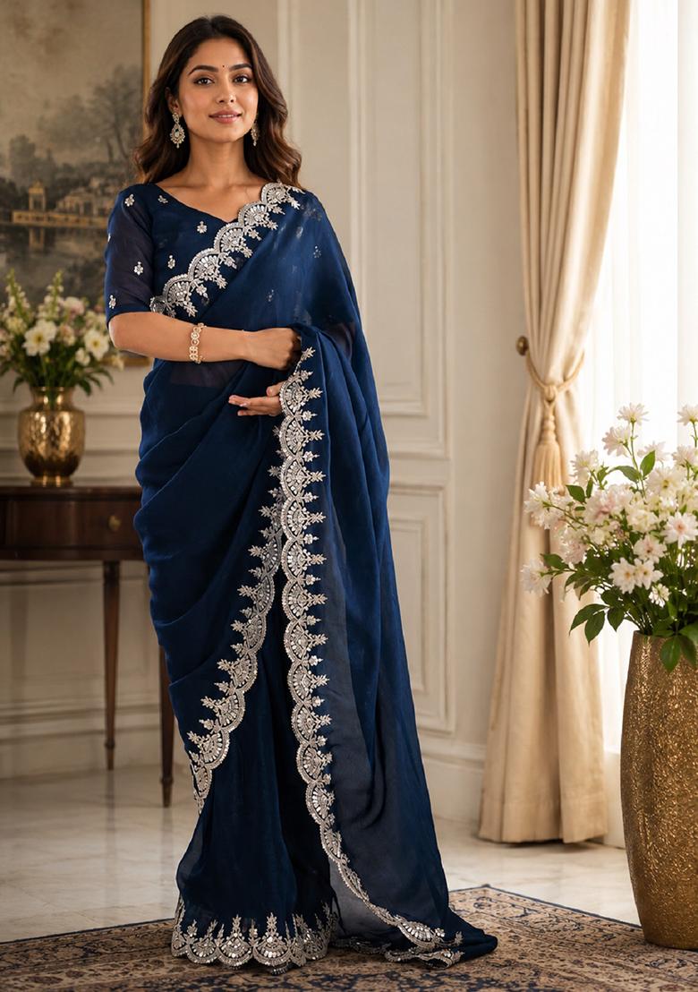 Blue Embroidered Chiffon Saree Set - Indya