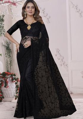 Black Embroidered Net Saree Set